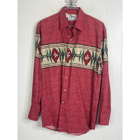 Vintage Roper Pearl Snap Aztec Red Long Sleeve Shirt Size Large - Picture 1 of 5